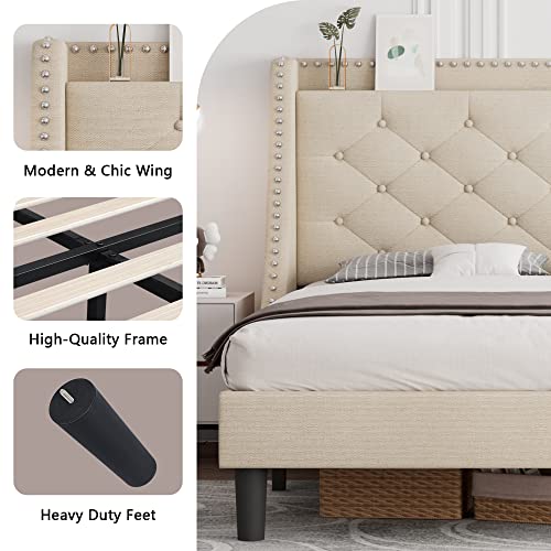 Ipormis Full Size Bed Frame With Wingback & 4" Storage Shelf, Upholstered Platform Bed With Diamond Tufted Headboard, 8" Underbed Space, Wood Slats, Noise-Free, No Box Spring Needed, Beige #TOP5