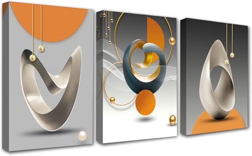 Image of PIGPIGFLY Set of 3 Framed Wall Canvas 30x40cm, Orange Gold Abstract Geometric Wall Pictures, Living Room Wall Art