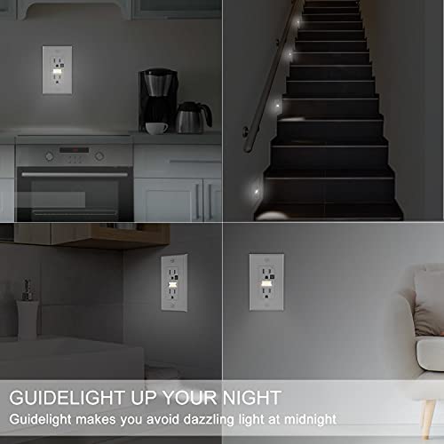 Image of SOZULAMP 15A Outlet with Night Light, TR, 4-Pack | Auto on /off nightlight. Glows through outlets. Shutters block objects. For halls, stairs, baths. Plates & 12-month warranty.