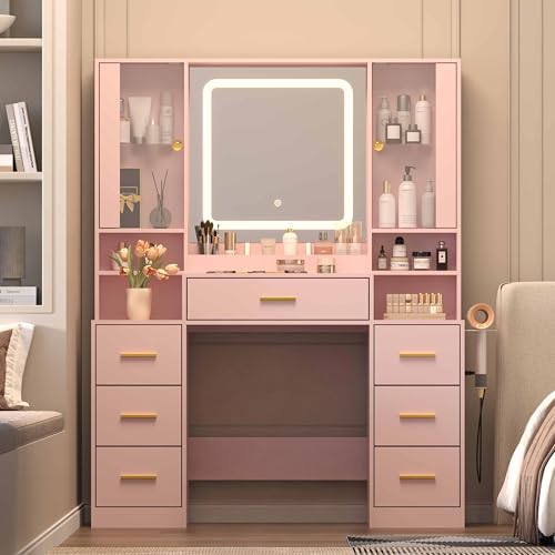 Image of Wodeer Pink Makeup Vanity Desk with Mirror & Lights, Modern Vanity Table with Charging Station, 7 Drawers, Glass Cabinet, Adjustable Shelves, Bedroom Dressing Table Set for Women & Girls