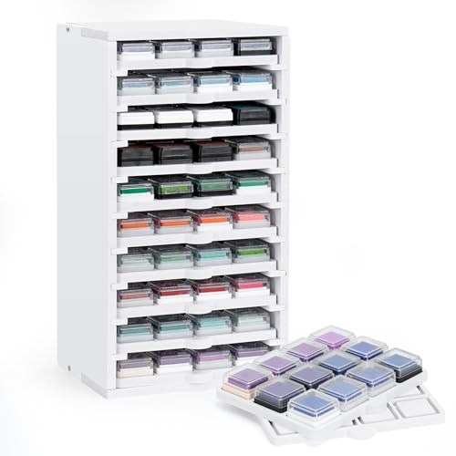 SANFURNEY Ink Pad Trays Organizer Rack 10 Slots Ink Pad Storage Mini Size Stamp Ink Pad Storage Organizer Pad Storage Rack with 10 Tray, 1 Tray Holds 12 Inkpad, All of 10 Trays Holds 120
