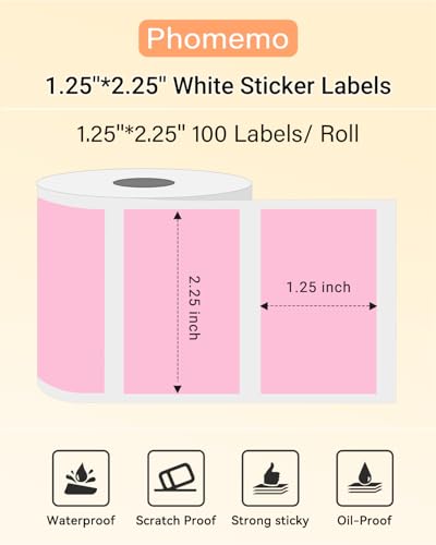 Image of Phomemo 2.25 inchx1.25 inch White Thermal Labels, Self-Adhesive Sticker Label, Rectangle Direct Thermal Printer Labels for Phomemo 241bt, D520BT, B246D Label Printer, 1000 Sheets /Roll, Pink