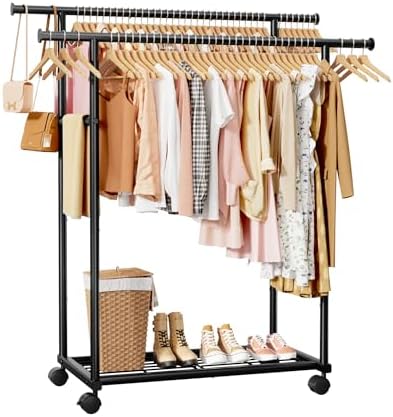 Sakugi Clothing Rack - Double Rod Coat Rack with Fixed Extension Bar, Built-In Mesh Shelf & Lockable Wheels, Multi-Purpose Clothes Rack for Bedroom, Laundry, Entryway, 98cm x 42cm x 150cm, Black