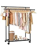 Sakugi Metal Clothes Rack - Double Rod Clothing Rack with Fixed Design and Rolling Wheels, Coat Rack with Built-In Shelf for Closet Organizers and Storage (38.5' x 16.9' x 59.0', Black)
