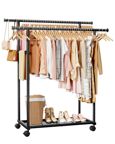 Sakugi Metal Clothes Rack - Double Rod Clothing Rack with Fixed Design and Rolling Wheels, Coat Rack with Built-In Shelf for Closet Organizers and Storage (38.5