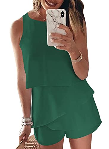 Maavoki Jumpsuit Damen Elegant Sommer Ärmellos Overall mit Rüschen Frauen Oberteile Top und Kurze Hose Grün M