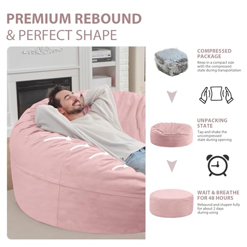 6FT Bean Bag Chair, Large Bean Bag Chairs with Memory Foam Filled, Fluffy Beanbag Sofa with Dutch Velvet Cover, Round BeanBag Chairs for Living Room, Playroom- Light Pink