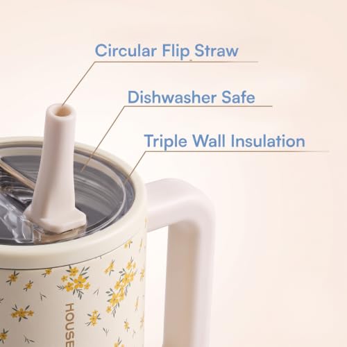 Image of House of Quirk 1200ML Tumbler with Handle & Simple Flip Straw - Car Cup Holder Friendly, Leak Resistant Water Bottle-Reusable Insulated Stainless Steel & Rubber Base (Cream Daisy)