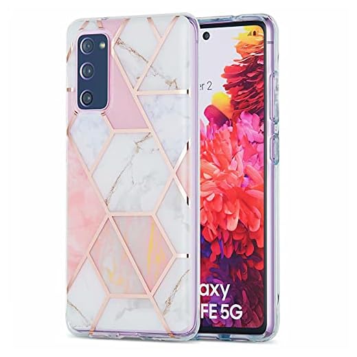Lijc Kompatibel med Samsung Galaxy S20 FE 4G/5G/S20 Lite Skal Plätering Dubbelsidig IMD-Skarvmarmor [Gratis Skärmskydd] Hårt TPU Silikon Stötfångare Stötsäker Skal-Rosa-vit