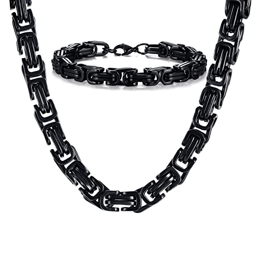 Men's Stainless Steel Mechanic Black Chunky Byzantine Chain Bracelet And Necklace Set #TOP1