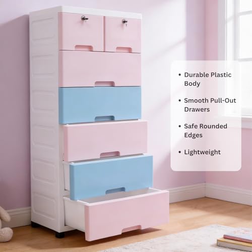 Image of The Tickle Toe Plastic Chest of 7 Drawers for Kids | Multipurpose Organizer with 2 Locks | Glossy Dresser for Clothes & Toys | Portable Cabinet | L51xW33xH121 cm | 5 Pink & 2 Blue Drawers