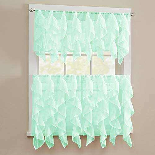 Image of Sweet Home Collection 3 Piece Kitchen Curtain Set Sheet Vertical Cascading Waterfall Ruffle Includes Valance & Choice of 24 inch or 36 inch Teir Pair, Tier, Sheer Mint