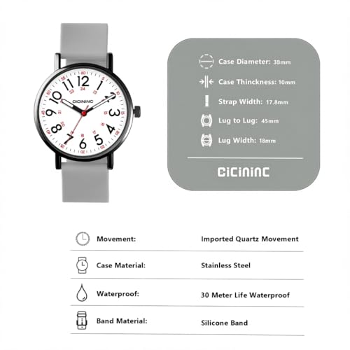 Image of cicininc Watch with Second Hand for Nursing Women | Analog | Military Time | Silicone Band | Easy Read Dial | 12 /24H | for Nurses, nursing students, medical professionals