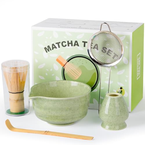 Dayacoco Matcha Whisk Set Ceramic Matcha Kit Set Includes Bowl with Spout Matcha Whisk Holder Bamboo Scoop and Sifter 5 pcs Matcha Tea Kit for Matcha Beginner and Lovers Gift Christmas Birthday