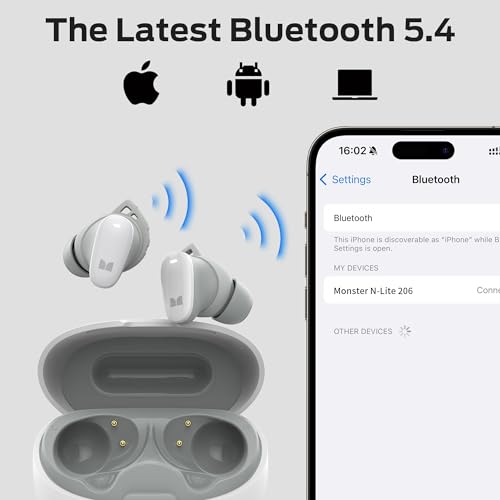 Image of Monster N-Lite 206 Bluetooth Earbuds Wireless Earphones Bluetooth 5.4 in-Ear Earbuds Headphones Built-in Mic, Touch Control, IPX6 Waterproof, Comfortable Fit, Type-C Charging, 25H Playback, White