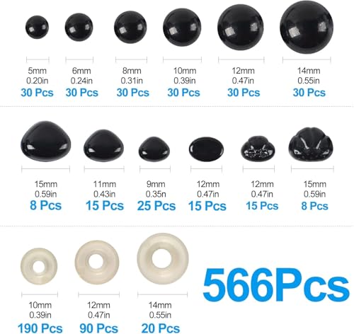 Image of 566PCS Safety Eyes and Noses for Amigurumi, Stuffed Crochet Eyes with Washers, Craft Doll Eyes and Nose for Teddy Bear Crochet Toy Stuffed Doll and Plush Animal Gifts (566PCS Safety Eyes)