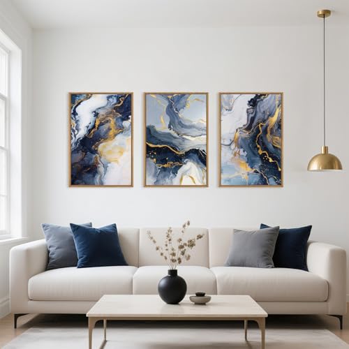 Celestdeco Navy Blue and Gold Framed Canvas Wall Art Set,Mid-Century Modern Abstract Wall Decor,Navy Blue Ink Wash Painting,Neutral Art Print for Living Room,Bedroom,Dining Room,Office-16 x24 x3