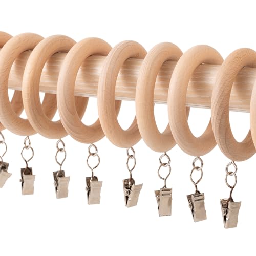 Wood Curtain Rings with Clips Farmhouse Drapery Clips Wooden Curtain Ring Hook Hangers Drapes Rings (12 1.81 INCH Inner Dia)