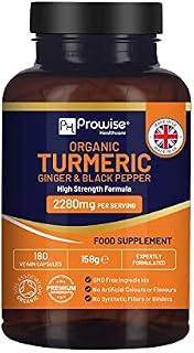 Organic Turmeric 2280mg (High Strength) with Black Pepper & Ginger - 180 Vegan Turmeric Capsules with Active Ingredient Curcumin I Soil Association Approved I UK Made by Prowise Healthcare