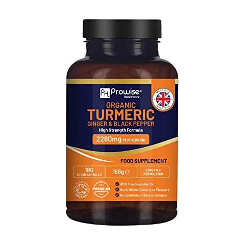 Organic Turmeric 2280mg (High Strength) with Black Pepper & Ginger - 180 Vegan Turmeric Capsules with Active Ingredient Curcumin I Soil Association Approved I UK Made by Prowise Healthcare Cover