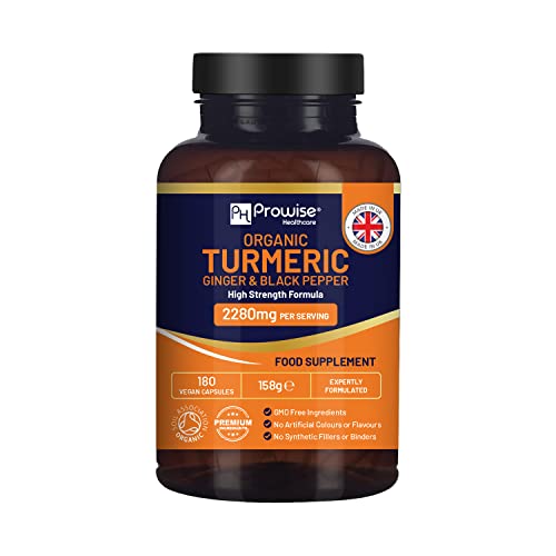 Bio-Kurkuma 2280 mg (hochdosiert) mit schwarzem Pfeffer & Ingwer - 180 vegane Kurkuma-Kapseln mit dem Wirkstoff Curcumin I UK Hergestellt von Prowise Healthcare