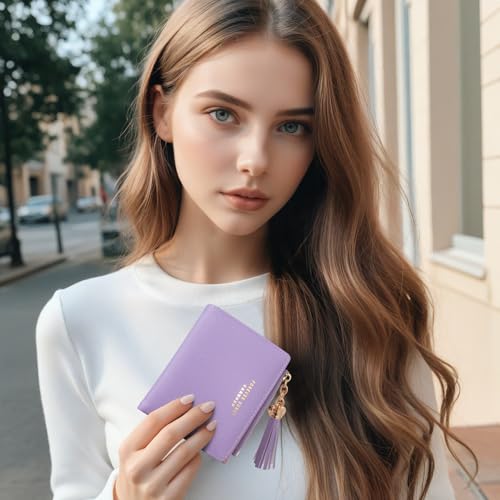 Image of KOTORA Womens Small Wallet Girls Tiny Slim Wallets Pretty Mini Card Holder Thin Short Zip Coin Purse with Love Pendant and Tassels (Purple)