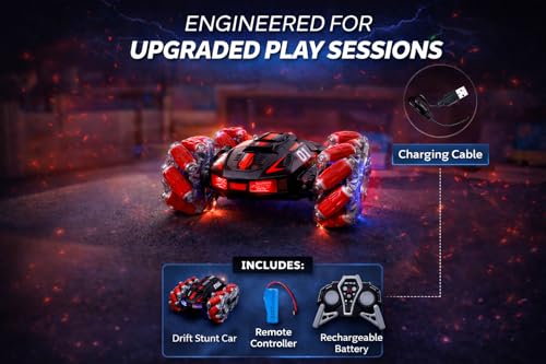 Image of Eli & Chi 4 Wheel Drive Double Sided RC Stunt Toy Car: Drift Toy for Kids - Remote Control Racing, 360 Rotation, Rechargeable Battery, Multicolor