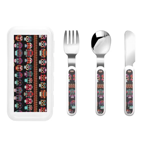 Mexican Skull Print 3 Piece Set For Camping Stainless Steel Flatware, Spoon, Fork, Knife, Ideal For Outdoor