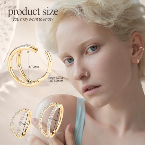 16G Cartilage Earring Gold Double Nose Hoop Ring Helix Conch Hoop 316L Surgical Steel Septum Jewelry Opal Tragus Rook Daith Lobe Lip Nose Piercing 8mm by PEAKLINK - Used condition - Image 2
