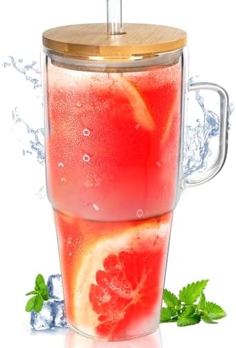 ANOTION Glass Cups with Lids and Straws - 40 Oz Tumbler with Handle and Straw Glass Water Bottles Drinking Glasses with Straws Iced Coffee Cups Travel Coffee Mug Smoothie Tumbler