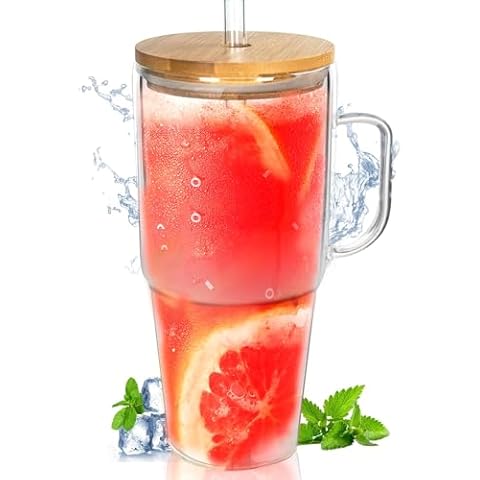 ANOTION Glass Cups with Lids and Straws - 40 Oz Tumbler with Handle and Straw Glass Water Bottles Drinking Glasses with Straws Iced Coffee Cups Travel Coffee Mug Smoothie Tumbler Cover