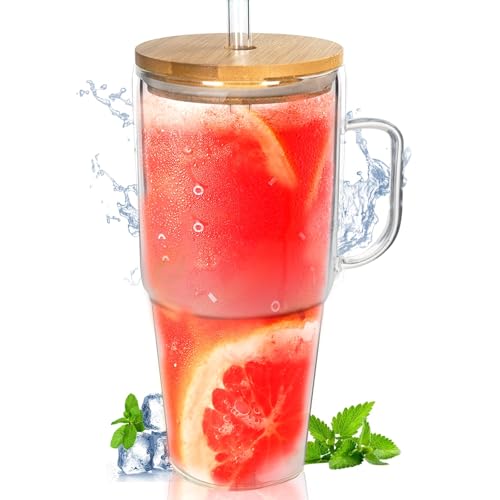 ANOTION Glass Cups with Lids and Straws - 40 Oz Tumbler with Handle and Straw Glass Water Bottles Drinking Glasses with Straws Iced Coffee Cups Travel Coffee Mug Smoothie Tumbler