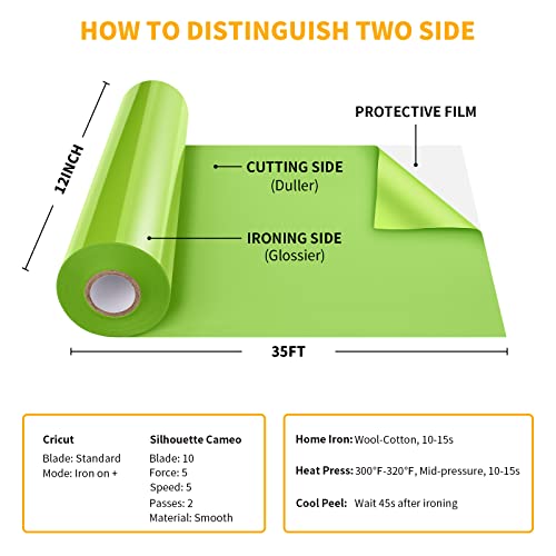 Vinylrus Heat Transfer Vinyl-12” X 35Ft Apple Green Iron On Vinyl Roll For Shirts, Htv Vinyl For Silhouette Cameo, Cricut, Easy To Cut & Weed #TOP5