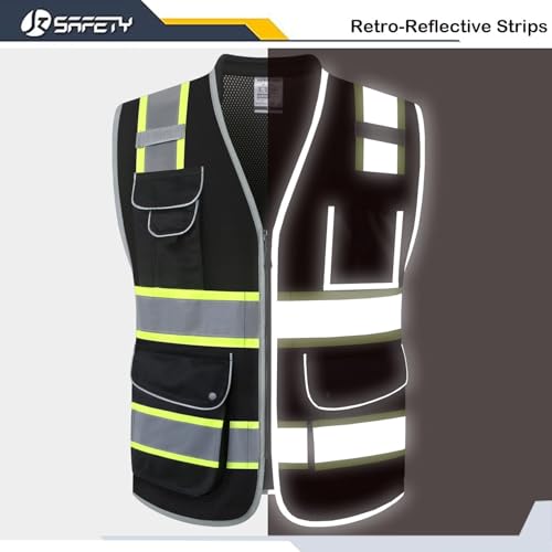 Image of JKSafety 9 Pockets Hi-Vis Black Safety Vest for Men Women High Visibility Reflective Construction Mesh Fabric Cushioned Collar Work Utility PPE Work Gear ANSI /ISEA compliant (101-Black S)