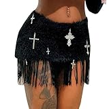 Hularka Women's Faux Fur Tassel Bodycon Mini Skirt Pendant Trim Low Rise Hairy Wrap Skirts Black Medium