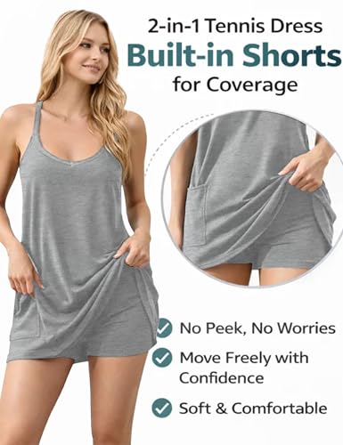 Image of Womens Athletic Sundress with Built-in Shorts Golf Tennis Romper | Sleeveless Mini Spaghetti Strap dress Functional side pockets tummy-friendly fit casual beach vacation