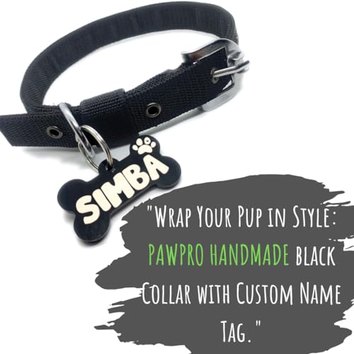 Image of Pawpro Personalized Black Dog Collar Nylon Belt with Customizable Bone Shape Dog Name Tag Soft Comfy Pet Collar for Small Medium Large Dogs (Black, Medium)