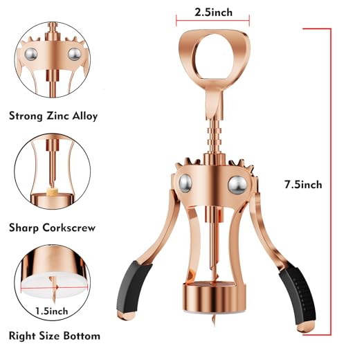 Image of KORCCI Wine Opener, Heavy-Duty Zinc Alloy Wing Corkscrew, Premium Beer Bottle Opener, Multifunctional Wine Accessories with Ergonomic Handle and Sharp Screw, for Kitchen, Bar, Restaurant (Rose Gold)