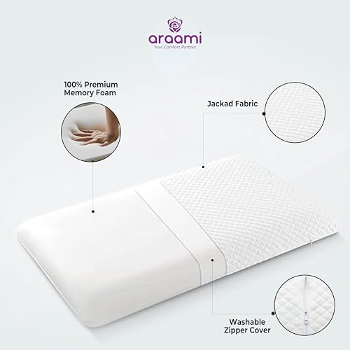 Image of araami Contour Memory Foam Pillow Set of 2 with Premium Jackad Fabric Cover for Low Profile Back Sleepers Washable Zipper Orthopedic Cervical Support Solid Wave Design Quiet 55x40x5
