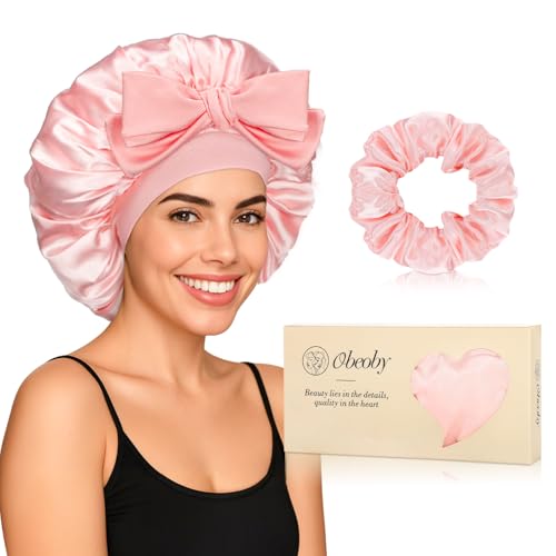 Double-Layer Satin Silk Sleep Bonnet for Women with Adjustable Tie Band - Hair Protection for Curly Natural Wavy Hair - Includes 1 Free Silk Hair Scrunchies Pink Birthday Mothers Day Gifts