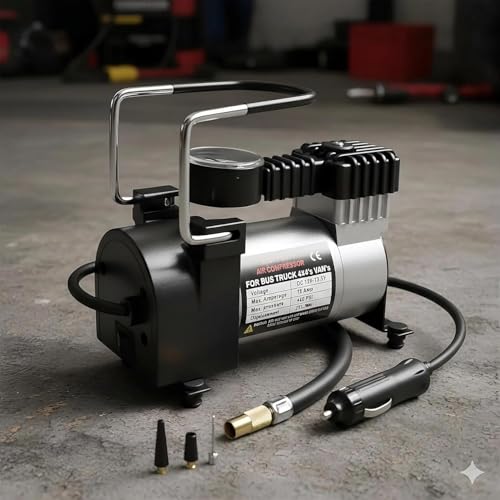 Image of 12V DC Heavy Duty Metal Tyre Inflator Air Compressor Pump for Tata Punch, Portable Fast Car Tyre Air Pump with Pressure Gauge