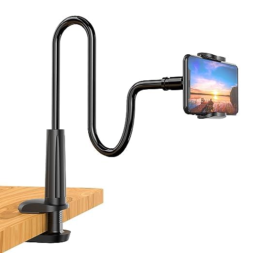 FAB Innovations Phone Holder Bed Gooseneck Mount - Flexible Arm 360 Mount Clip Adjustable Bracket Clamp Tabletop Stand Compatible with Cell Phone