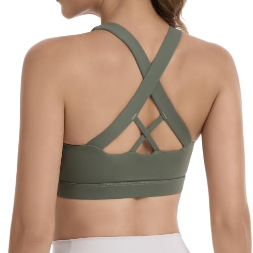 Image of Lemef Sports Bras for Women Medium-High Impact Criss-Cross Back Strappy Sports Top Non Padded Running Workout Yoga Bra Green M