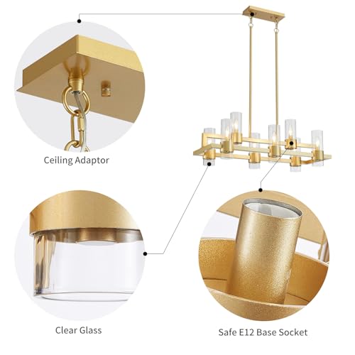 Image of WUZUPS Island Rectangle Chandelier 8-Light with Clear Glass Industrial Modern Farmhouse Linear Light Fixture for Dining Room Kithen Island, Width 33.5 inch Height 12.6 inch, Gold