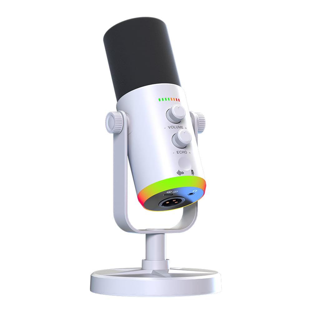 Microfone dinâmico de mesa USB/XLR com iluminação RGB, redução de ruído, botão mudo e