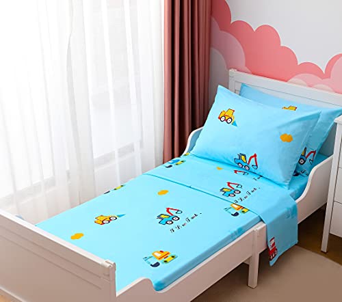 Joyching Kinder-Bettlaken-Set für Doppelbett, 600 TC, ägyptische Baumwolle, 4-teilig, blau, Bagger-Bettlaken-Set, 1 Spannbetttuch, 1 Bettlaken und 2 Kissenbezüge Cover
