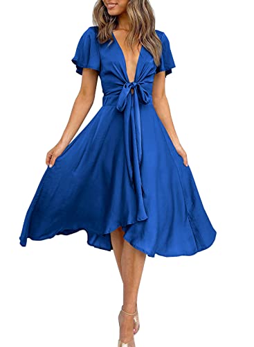 Image of miduo Womens Satin V Neck Ruffle Short Sleeve Tie Front High Waist Midi A-Line Maxi Dresses