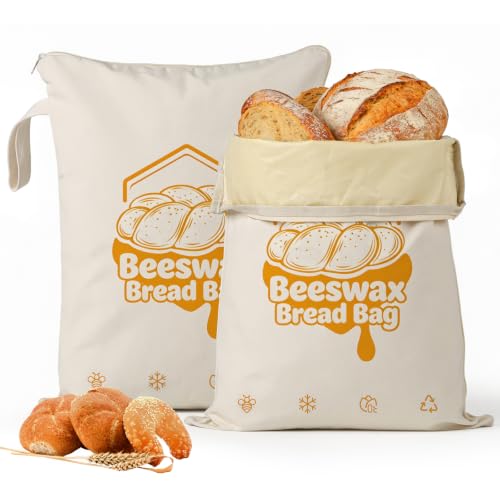 BOMARCES Beeswax Bread Bag Set of 2, 12.6"x17" Sourdough Bread Storage, Reusable Linen Bags with Wide Zipper Freezer Safe for Homemade Artisan Loaves by BOMARCES - Used condition - US$12.61