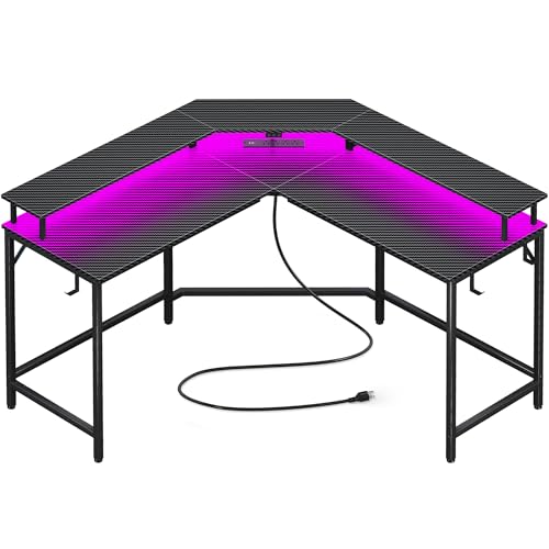L Shaped Gaming Desk with Power Outlets & LED Lights, Computer Desk with Monitor Shelves, Carbon Fiber Surface, Home Office Desk, Corner Gaming Desk with Hooks, Carbon Fiber Black，7054TC