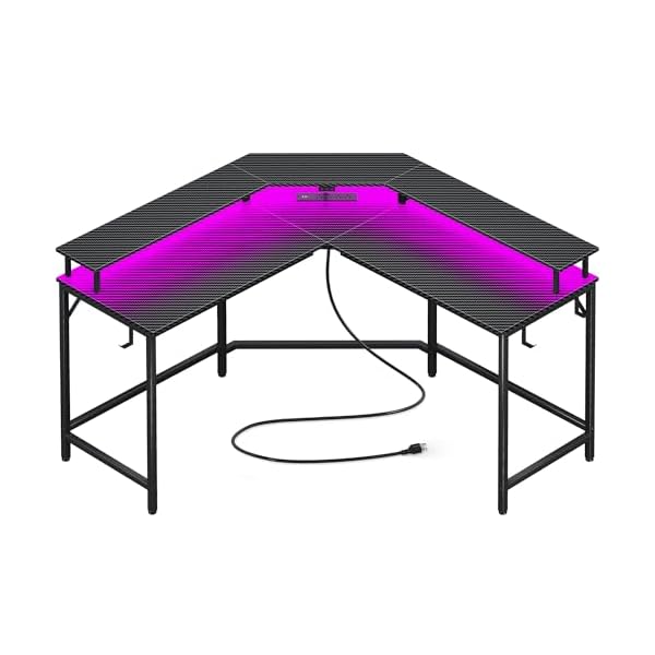L Shaped Gaming Desk with Power Outlets & LED Lights, Computer Desk with Monitor Shelves, Carbon Fiber Surface, Home Office Desk, Corner Gaming Desk with Hooks, Carbon Fiber Black，7054TC